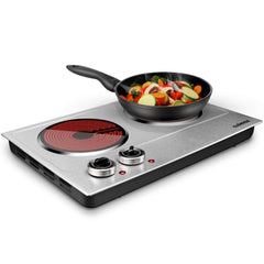 Cusimax 1800W Ceramic Electric Hot Plate for Cooking, Dual Control Infrared Cooktop, Portable Countertop Burner, Glass Plate Electric Cooktop, Silver, Stainless Steel
