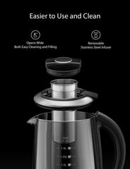 Willsence Electric Kettle, Electric Tea Kettle Stainless Steel Glass Boiler Hot Water Tea Heater with Temperature Control LCD Display, Removable Tea Infuser, 1.7 L, 1200W