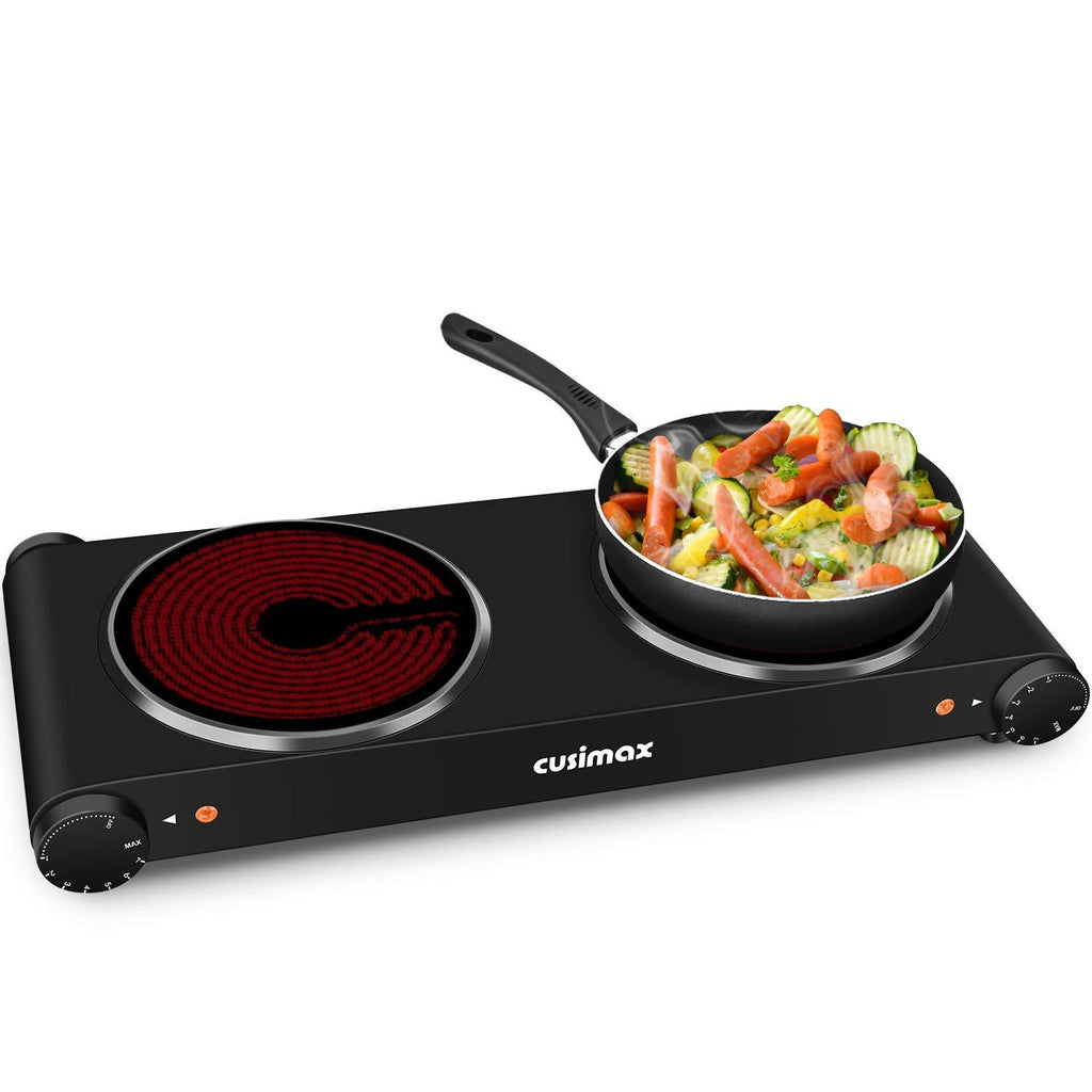 Cusimax 1800W Ceramic Hot Plate, Portable Infrared Burner, 7 Inch Glass Double Burner, Dual Countertop Electric Cooktop, Stainless Steel