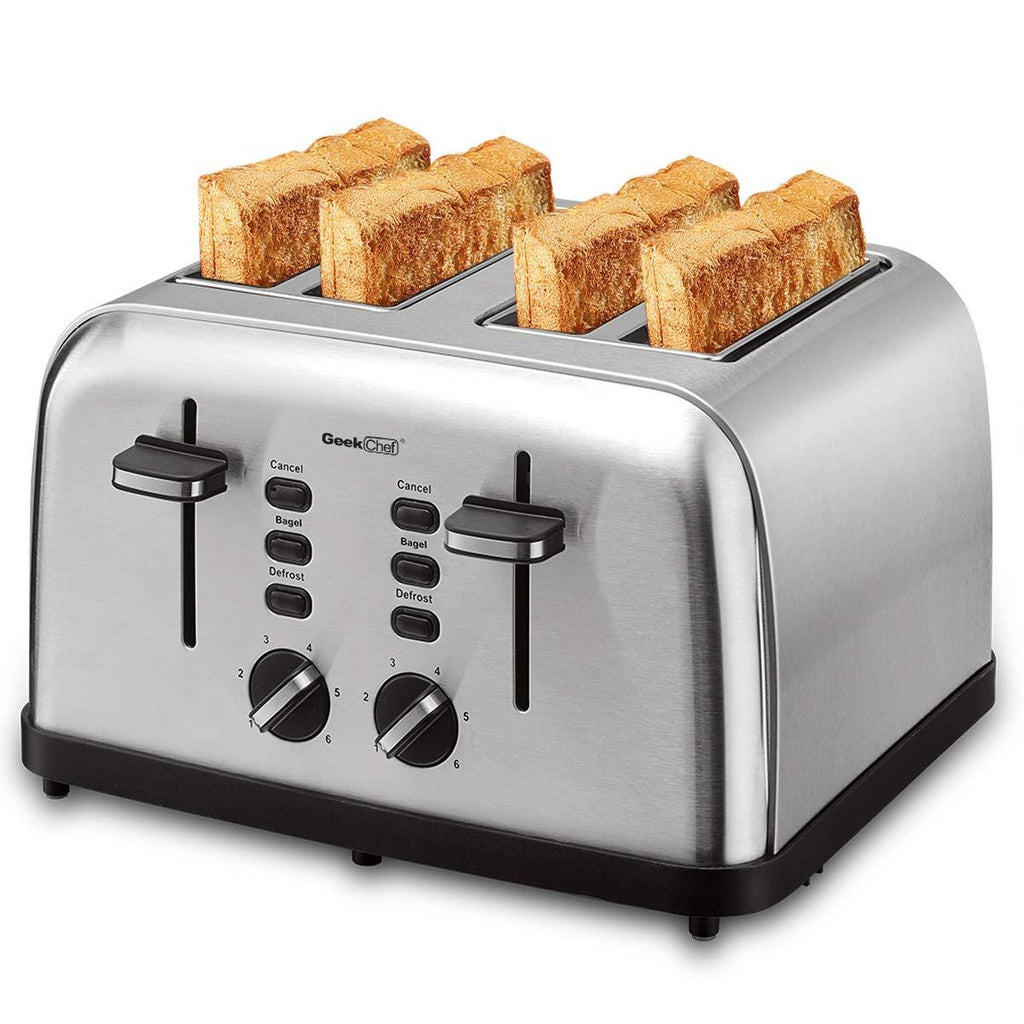 Toaster 4 Slice, Geek Chef Extra Wide Slots Stainless Steel Four Slice Toaster, Bagel/Defrost/Cancel Function 6 Browning Settings Auto Pop-up Remoable Crumb Tray (4-slice)