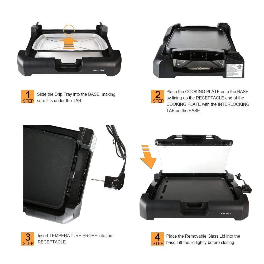 Secura GR-1503XL 1800W Electric Reversible 2 in 1 Grill Griddle w/Glass Lid Indoor