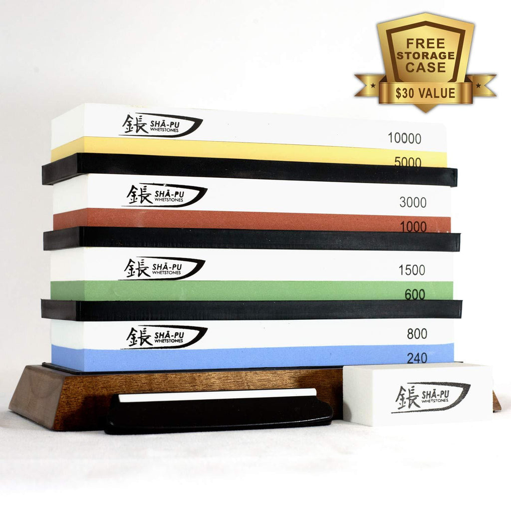 Whetstone Knife Sharpening 4 Stone Set - Shā-pu is a Premium Sharpening set with 2 Side Grits each of 240/800, 600/1500, 1000/3000 & 5000/10000 | Includes Bamboo Base, Flattening Stone and Angle Guide