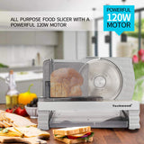 Techwood Food Slicer Electric Meat Slicer 6.7'' Removable Stainless Steel Blade Cheese Vegetable Deli Fruit Bread Cutter Adjustable Thickness Knob Food Carriage Non-Slip Feet Compact Commercial &Home