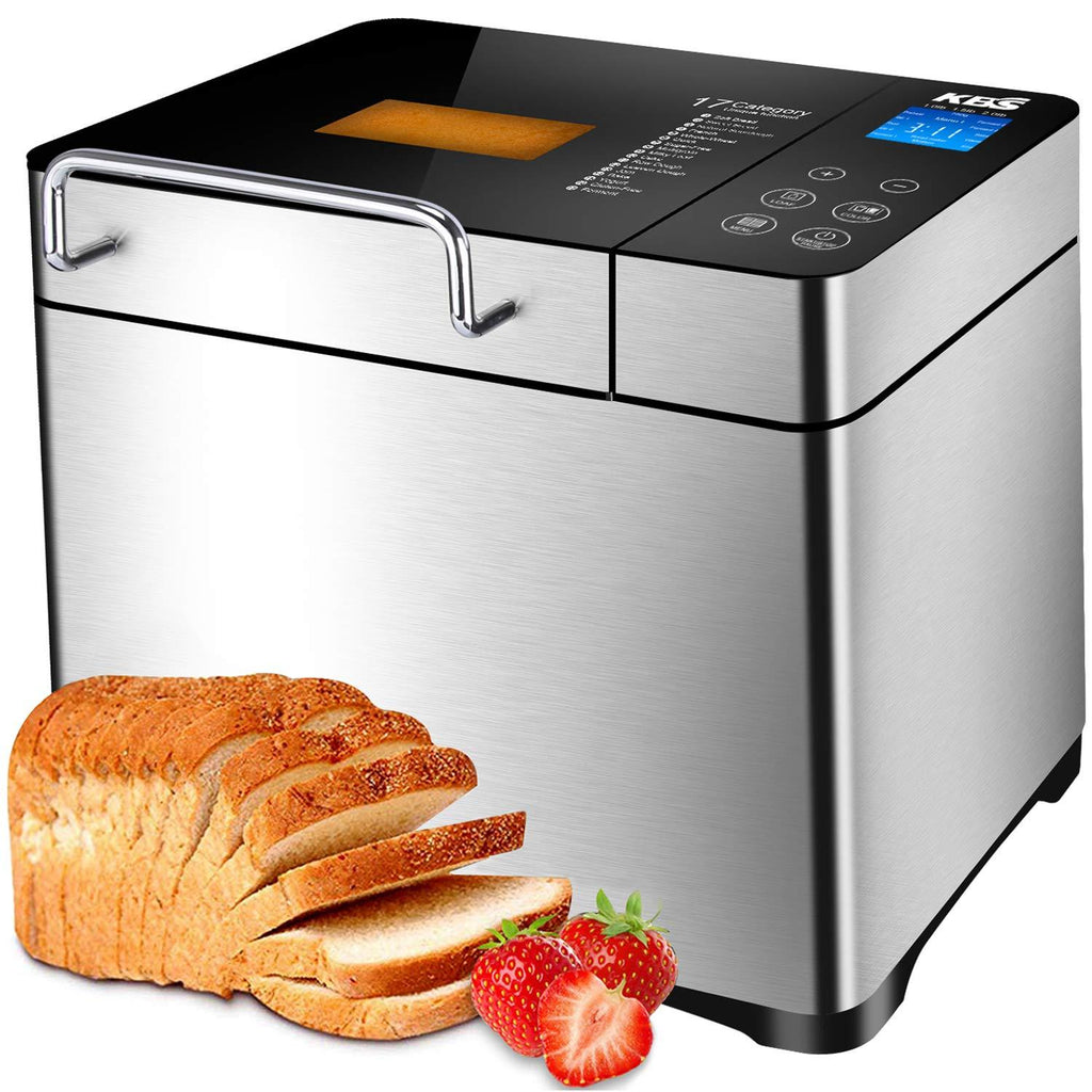 KBS Stainless Steel Bread Machine,1500W 2LB 17-in-1 Programmable XL Bread Maker with Fruit Nut Dispenser, Nonstick Ceramic Pan& Digital Touch Panel, 3 Loaf Sizes 3 Crust Colors, Reserve& Keep Warm Set