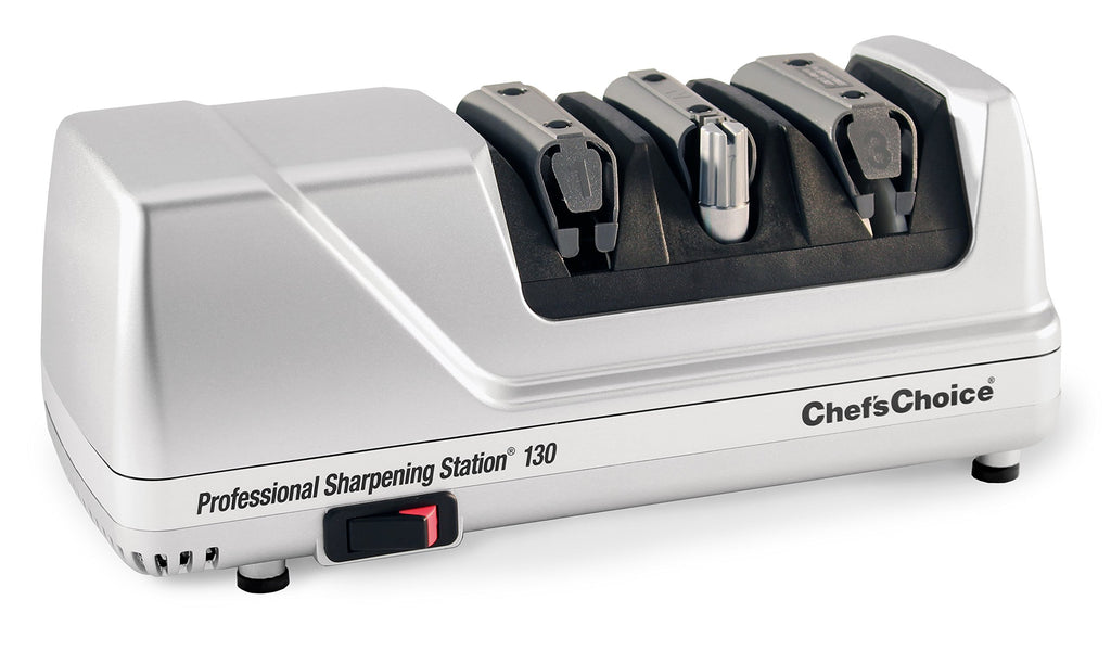 Chef'sChoice 130 Professional Electric Knife Sharpening Station for Straight and Serrated Knives Diamond Abrasives and Precision Angle Guides Made in USA, 3-Stages, Platinum