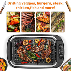 Techwood Smokeless Grill Electric Non-stick BBQ Plate for Indoor/Outdoor, Compact & Portable Electric Grill with Drip Tray & Advanced Turbo Smoke Extractor Technology Adjustable Temperature Control